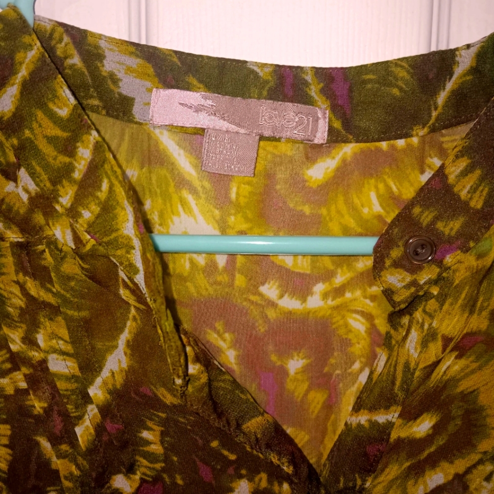 Sheer Green Leaf Print Blouse - Size Large